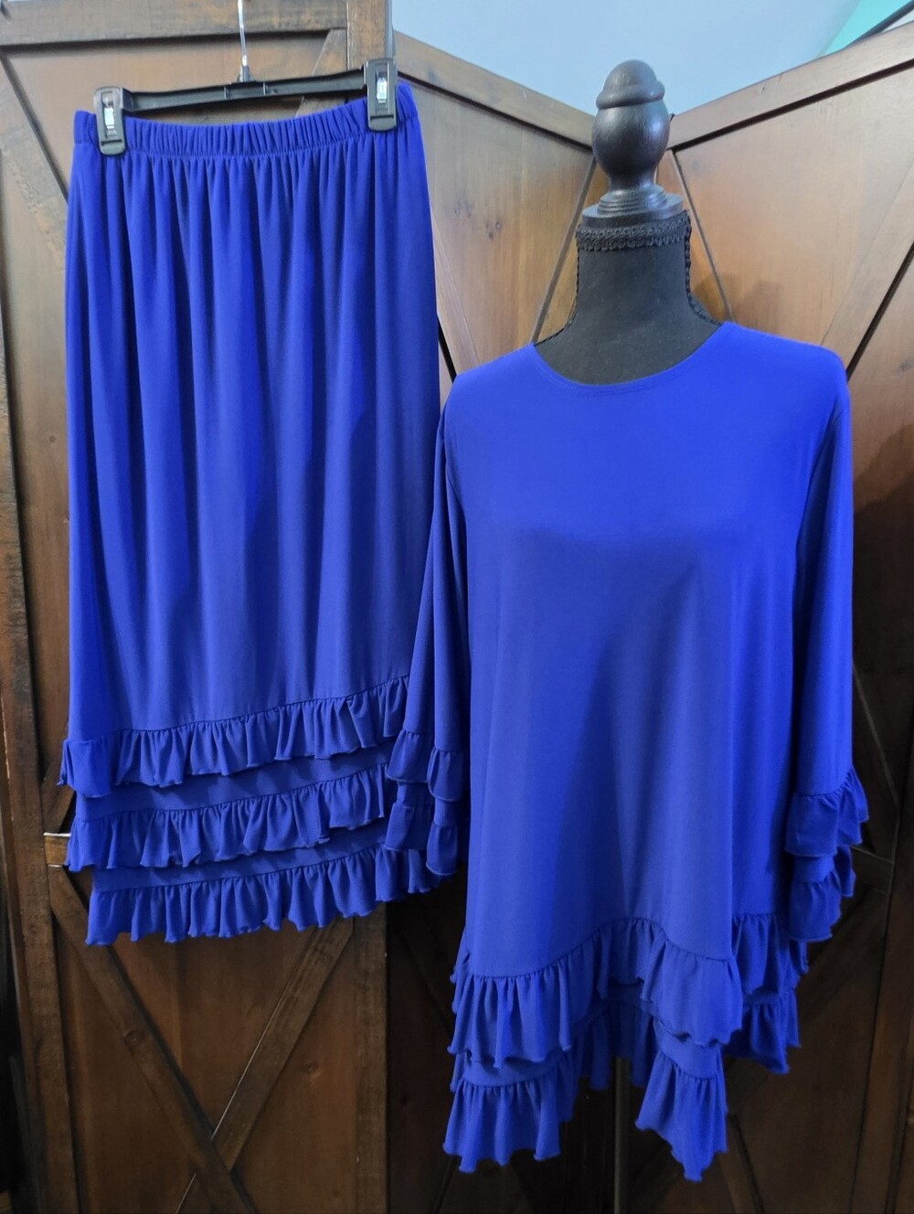 Modest Ruffle-Hem Top and Midi Skirt in Royal Blue